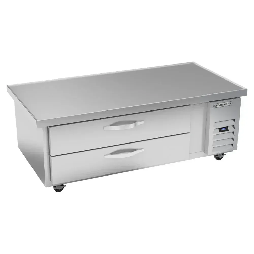 Two-drawer chef base freezer with overhang offers compact frozen storage and wall shielding; Beverage-Air unit suits small cafe prep areas.