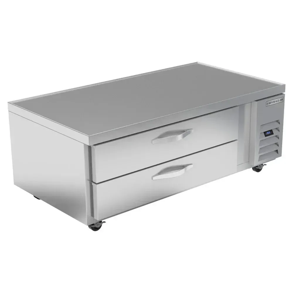Two-drawer chef base freezer delivers frozen storage under the counter; Beverage-Air stainless design keeps ingredients ready for service.