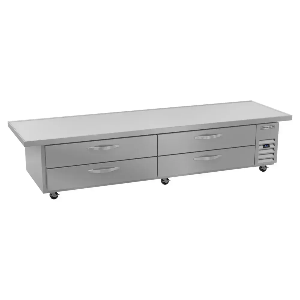 Four-drawer chef base freezer with overhang offers frozen storage and prep space; Beverage-Air stainless build supports efficiency in cafe kitchens.