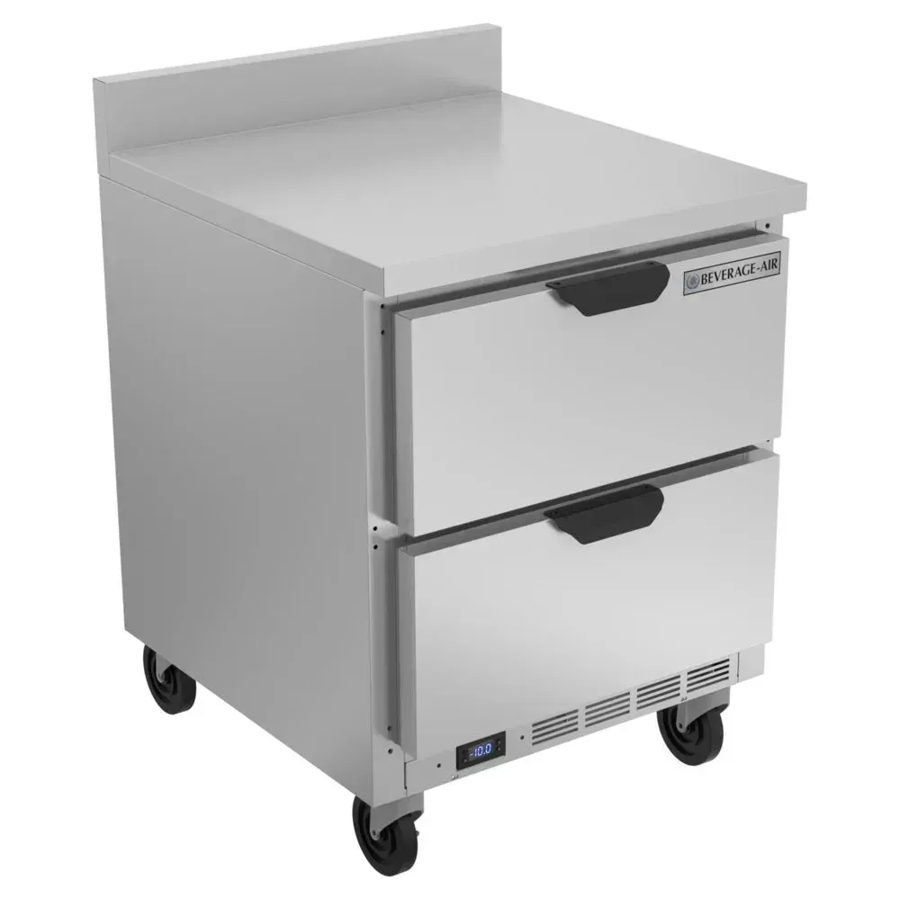 Two-drawer worktop freezer with backsplash shields walls; Beverage-Air stainless design stores frozen items and keeps cafe prep zones clean.