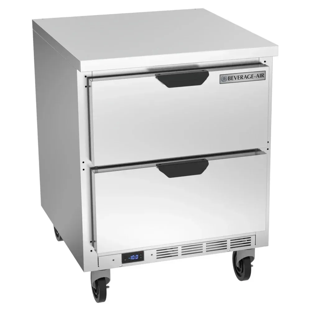 Two-drawer stainless worktop freezer with flat top fits tight prep areas; Beverage-Air under-counter design secures frozen goods in cafe kitchens.