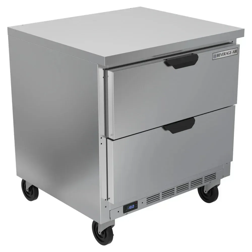 Two-drawer worktop freezer with flat top maximizes frozen storage and prep space; Beverage-Air stainless design is ideal for small cafes and kitchens.
