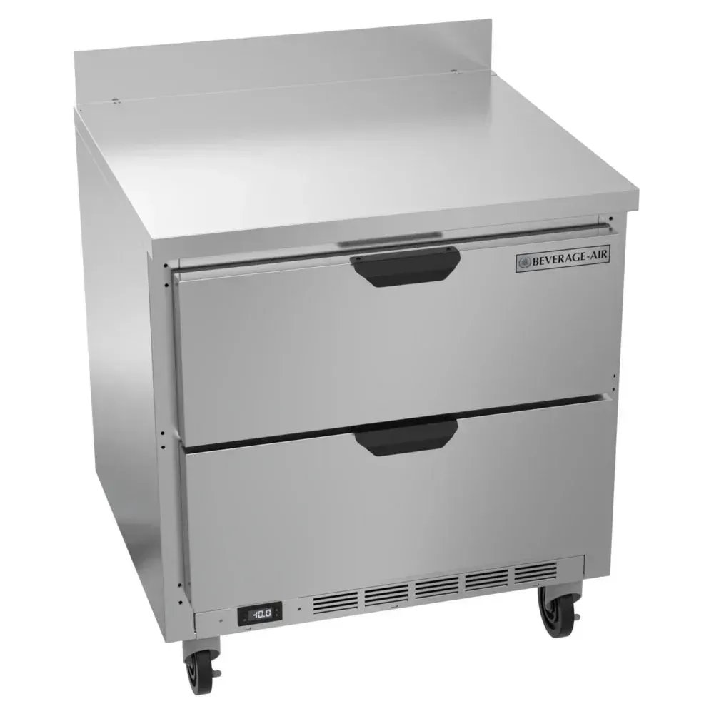 Two-drawer worktop freezer offers dependable frozen storage under counters; Beverage-Air stainless build suits chefs in small cafe kitchens.