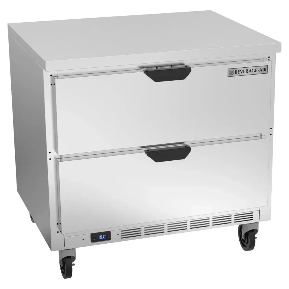 Two-drawer worktop freezer with flat top offers frozen storage and prep space; Beverage-Air stainless unit fits cafes, restaurants, and kitchens.