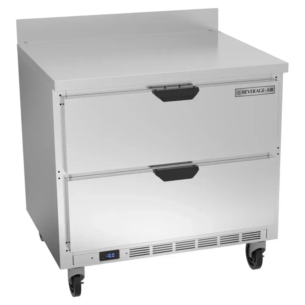 Two-drawer worktop freezer provides compact frozen storage under counters; Beverage-Air stainless design suits cafes with limited kitchen space.