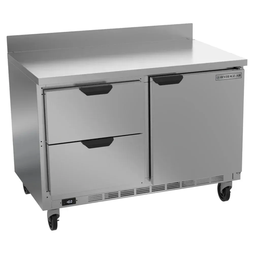 Two-drawer, one-door worktop freezer delivers compact frozen storage under counters; Beverage-Air stainless design supports service in cafe kitchens.