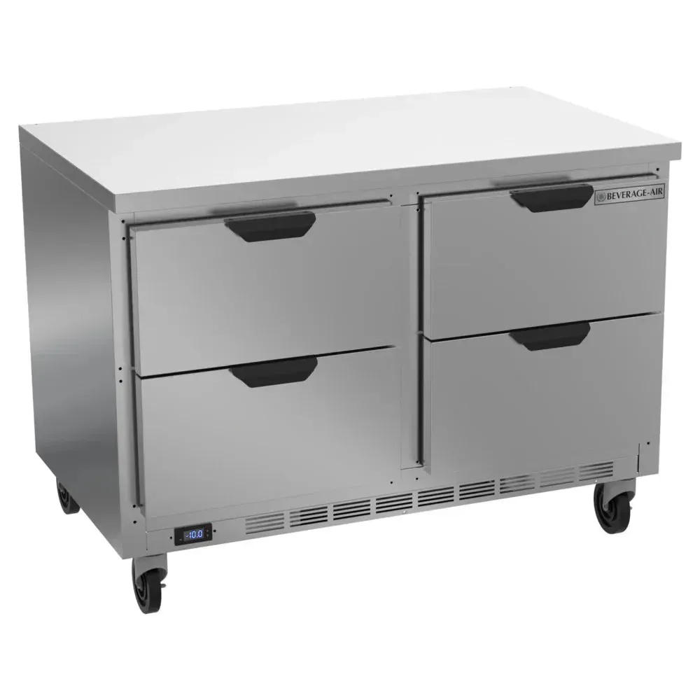 Four-drawer worktop freezer with flat top maximizes prep and frozen storage space; Beverage-Air stainless design suits cafes and restaurant kitchens.