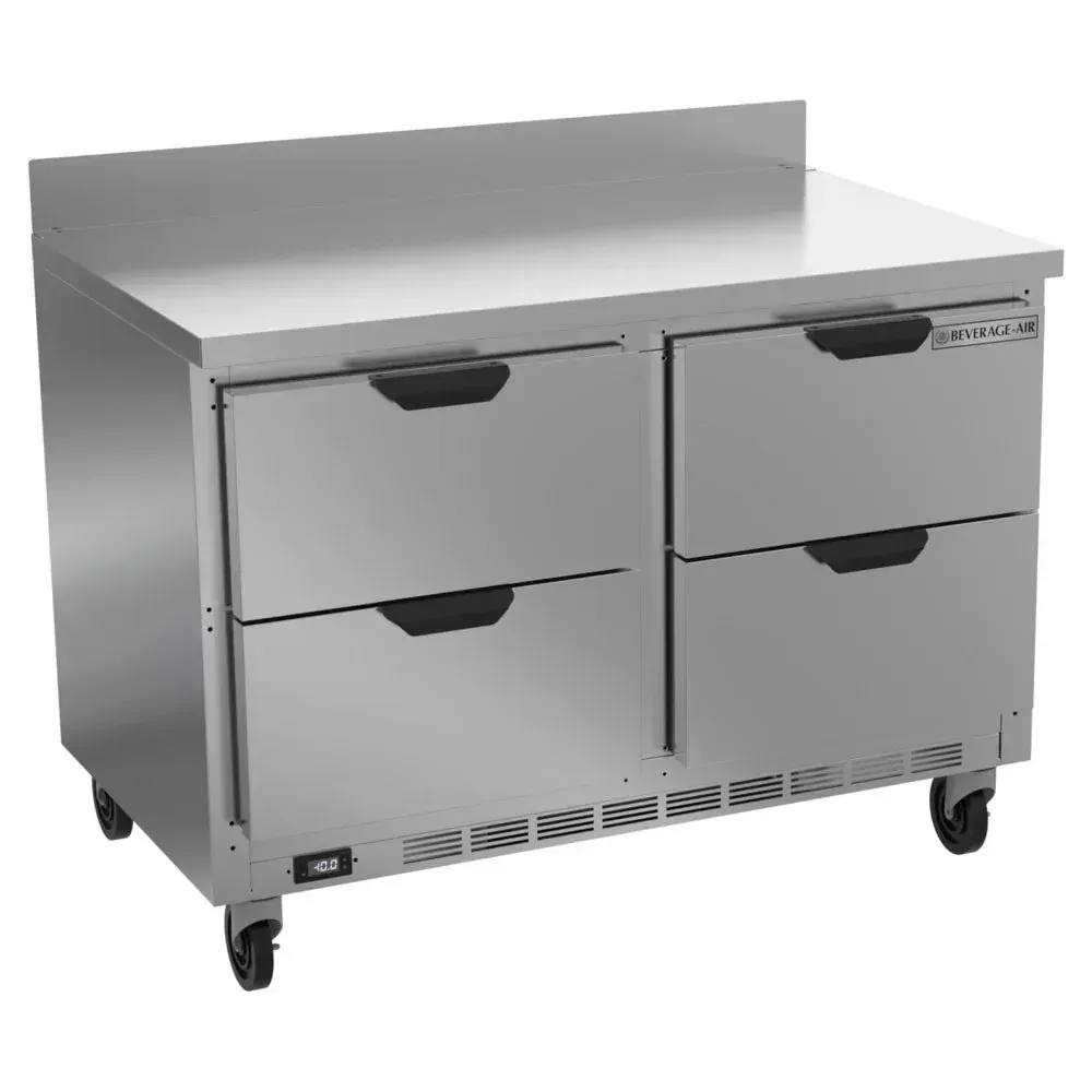 Four-drawer worktop freezer provides organized under-counter frozen storage; Beverage-Air stainless build ensures reliable performance for cafes.