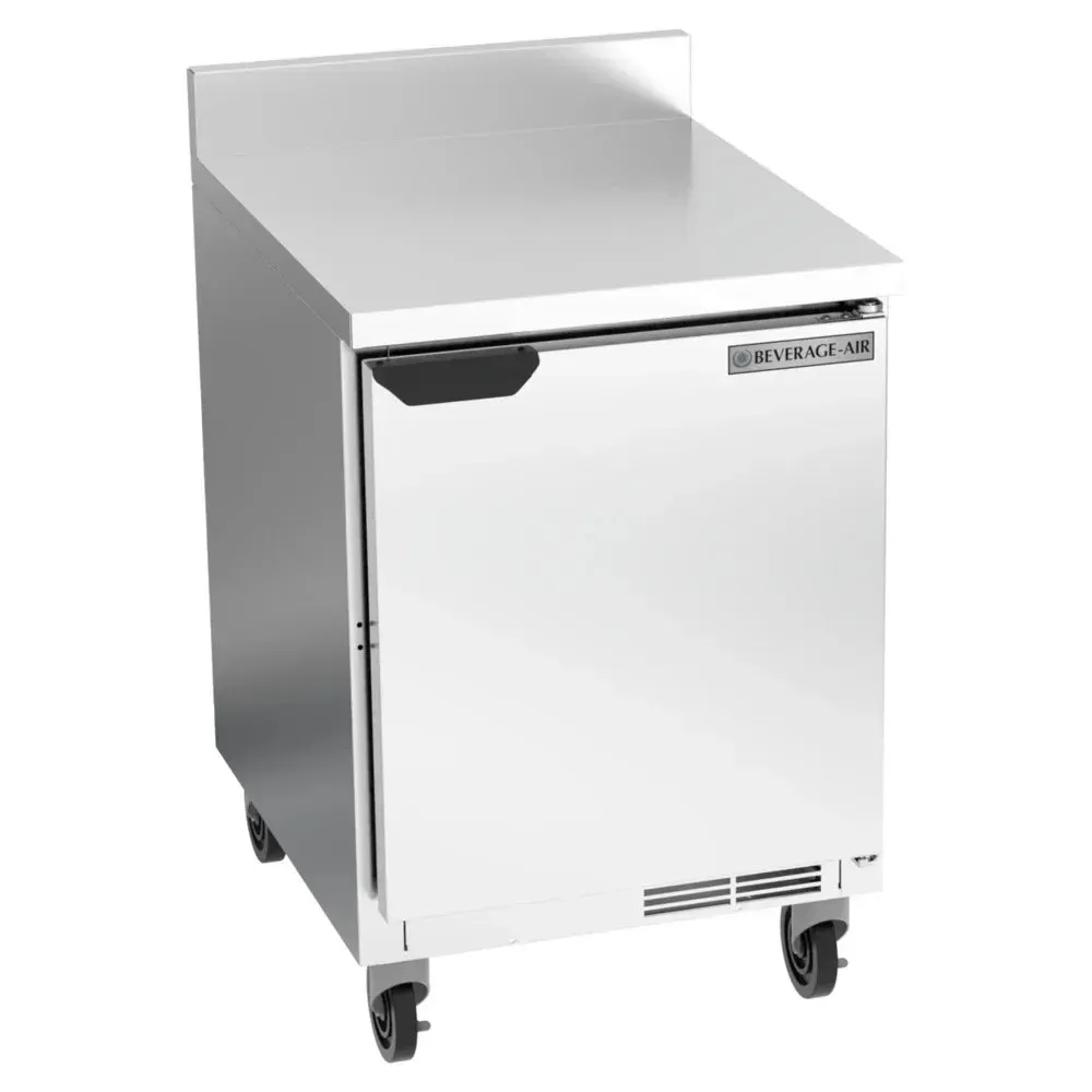 Stainless steel worktop refrigerator with backsplash for hotels, restaurants, or cafes, offering Beverage-Air durability and easy maintenance.