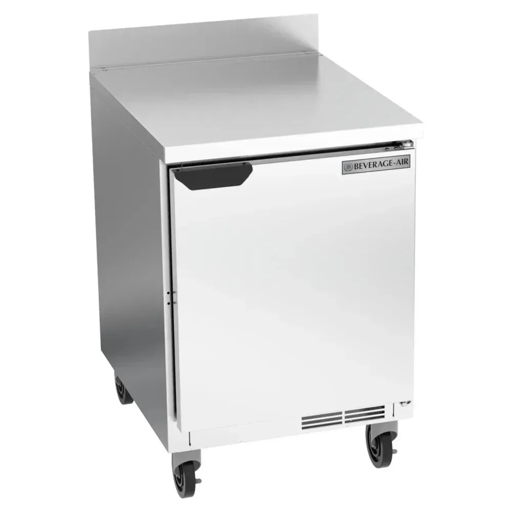 Stainless steel worktop refrigerator offering chilled storage for restaurant, hotels, or cafes, with trusted Beverage-Air performance and reliability.