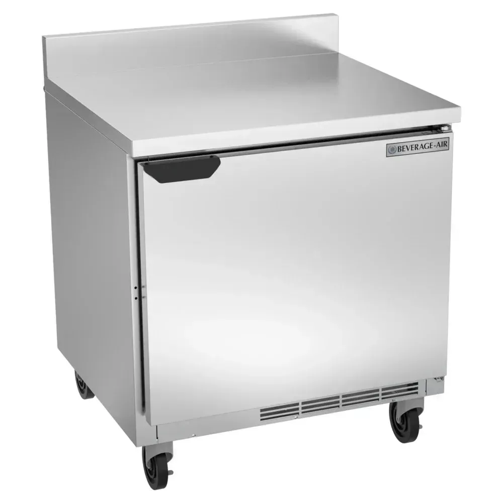 Worktop refrigerator with stainless steel backsplash from Beverage-Air, suited for restaurant kitchens, hotel back bars, or busy cafe sandwich lines.
