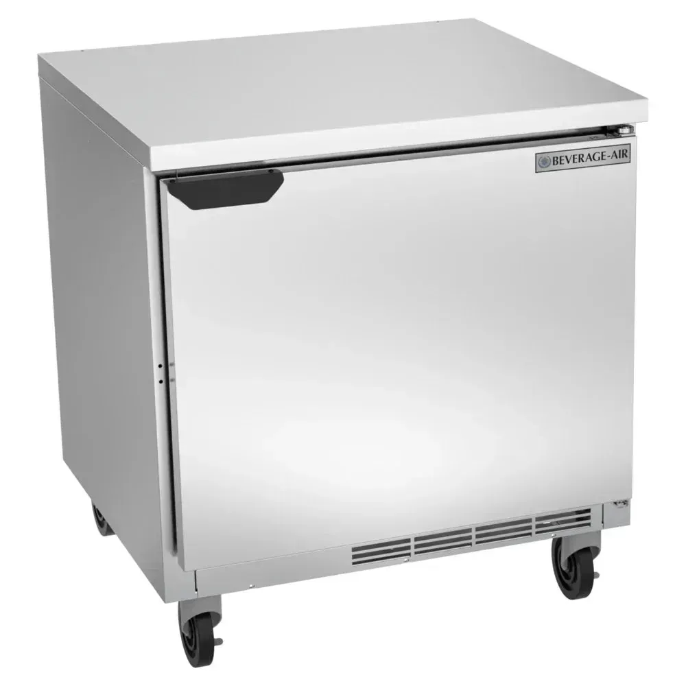 Flat top stainless steel worktop refrigerator from Beverage-Air, ideal for restaurant prep, hotel back bars, or small cafe sandwich lines.