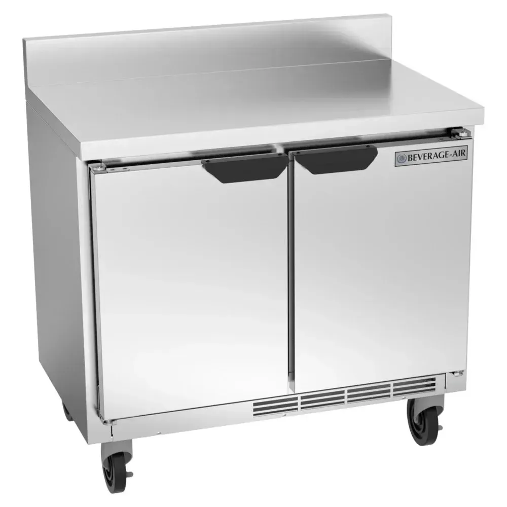 ADA-height shallow-depth two-door worktop refrigerator with stainless steel backsplash from Beverage-Air, perfect for restaurant, hotel, or cafe use.