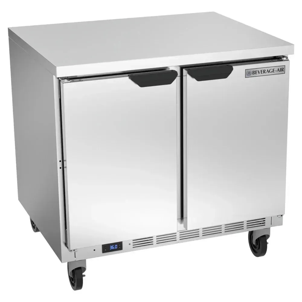 Two-door worktop refrigerator with flat stainless steel top from Beverage-Air, perfect for restaurant kitchens, hotel bars, or cafe sandwich lines.