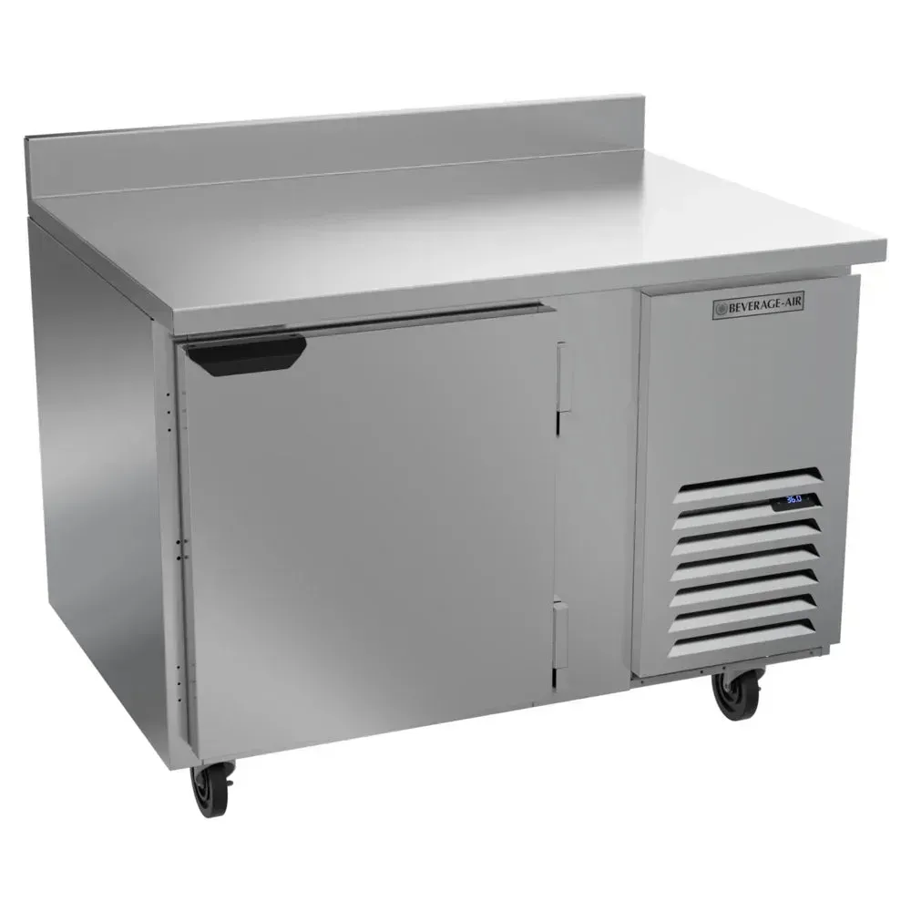 Single-door stainless steel worktop refrigerator from Beverage-Air, perfect for compact restaurant prep, hotel bars, or cafe sandwich lines.