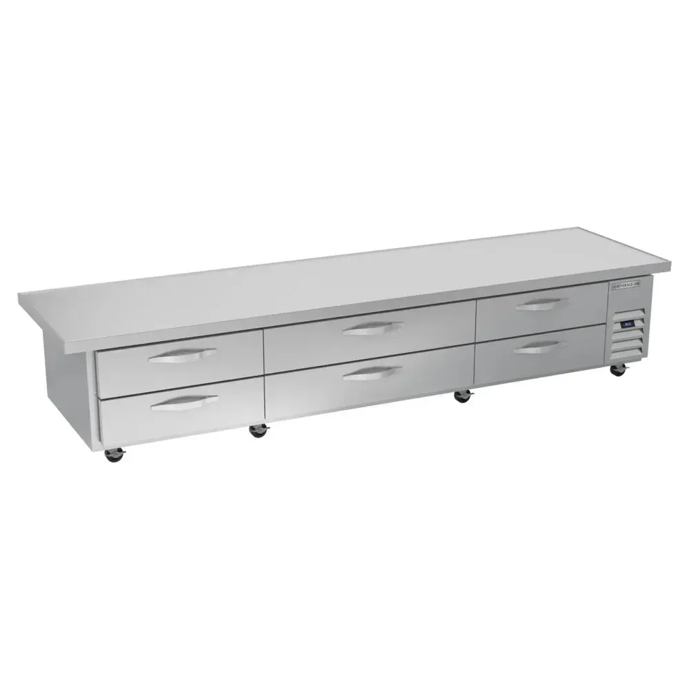 Extra-wide six-drawer refrigerated chef base from Beverage-Air with overhang for restaurant cook lines, hotel kitchens, or large cafe grill stations.