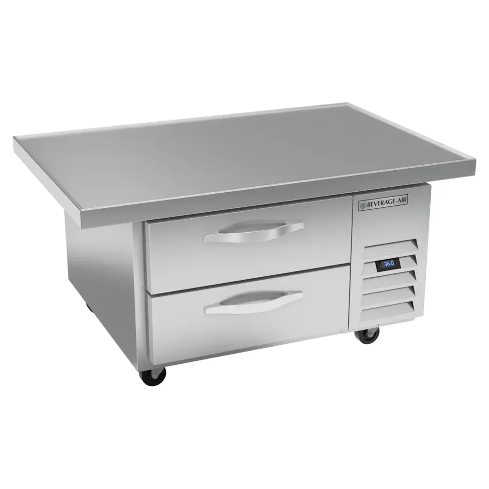 Two-drawer refrigerated chef base from Beverage-Air with extended overhang for restaurant cooking lines, hotel kitchens, or cafe grill station setups.