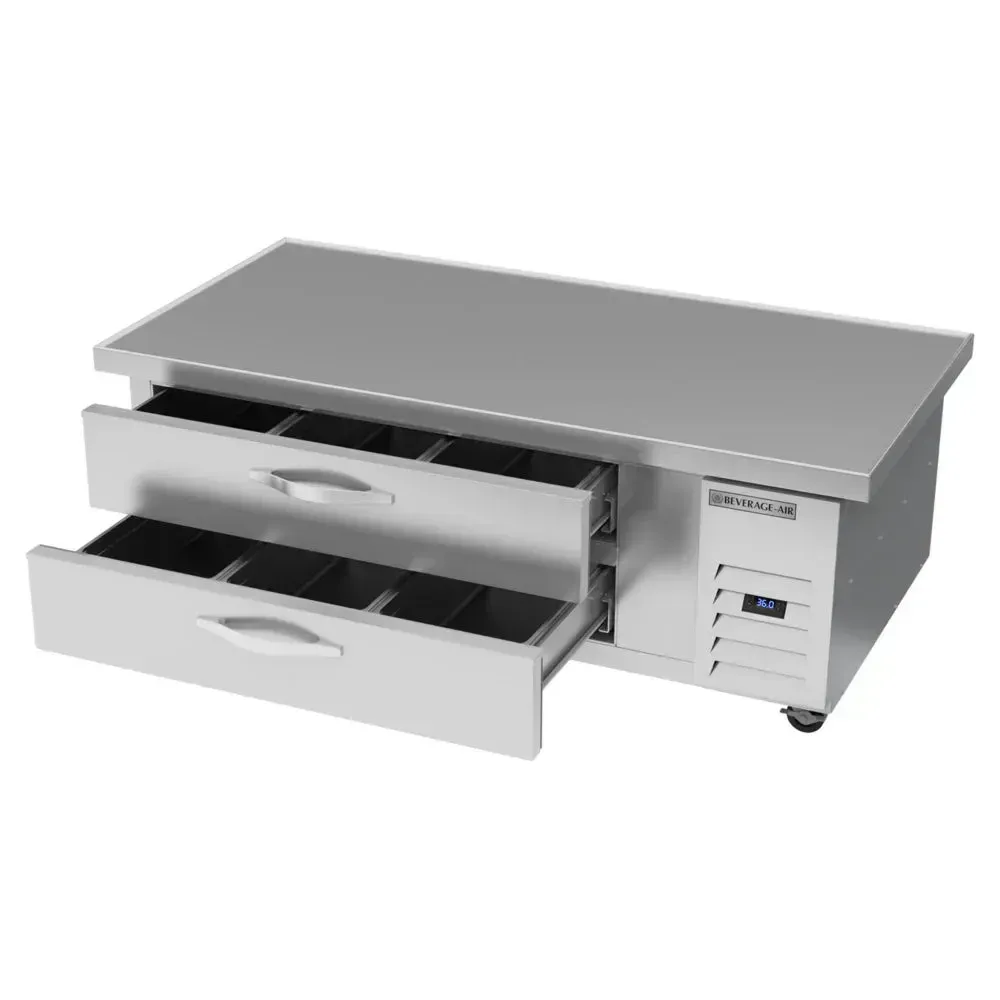 Compact two-drawer refrigerated chef base from Beverage-Air with small overhang, ideal for restaurant cook lines, hotel suites, or cafe grill station.