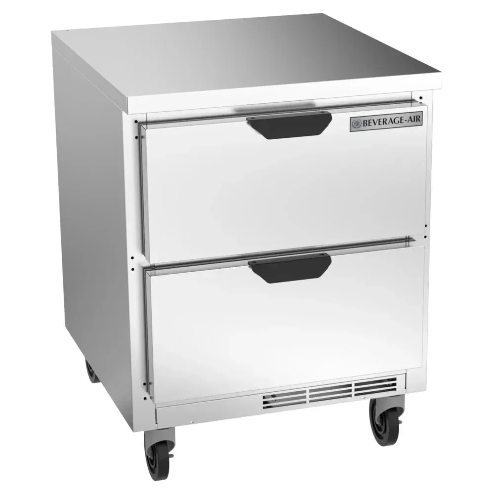 Beverage-Air stainless steel worktop refrigerator with two drawers for space-conscious restaurant kitchens, hotel suites, or compact cafes.