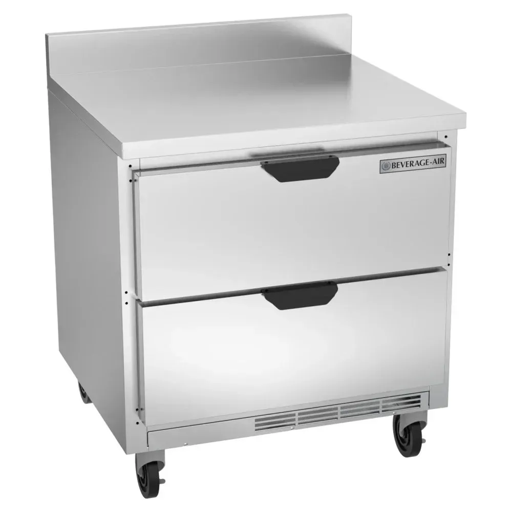 Beverage-Air stainless worktop refrigerator with two drawers and backsplash for restaurant kitchens, hotel back bars, or cafe service areas.