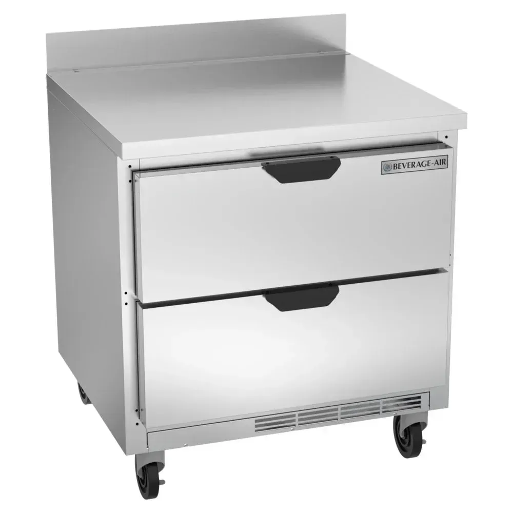 Compact stainless steel worktop refrigerator from Beverage-Air with two drawers for restaurant prep, hotel service, or cafe sandwich assembly.