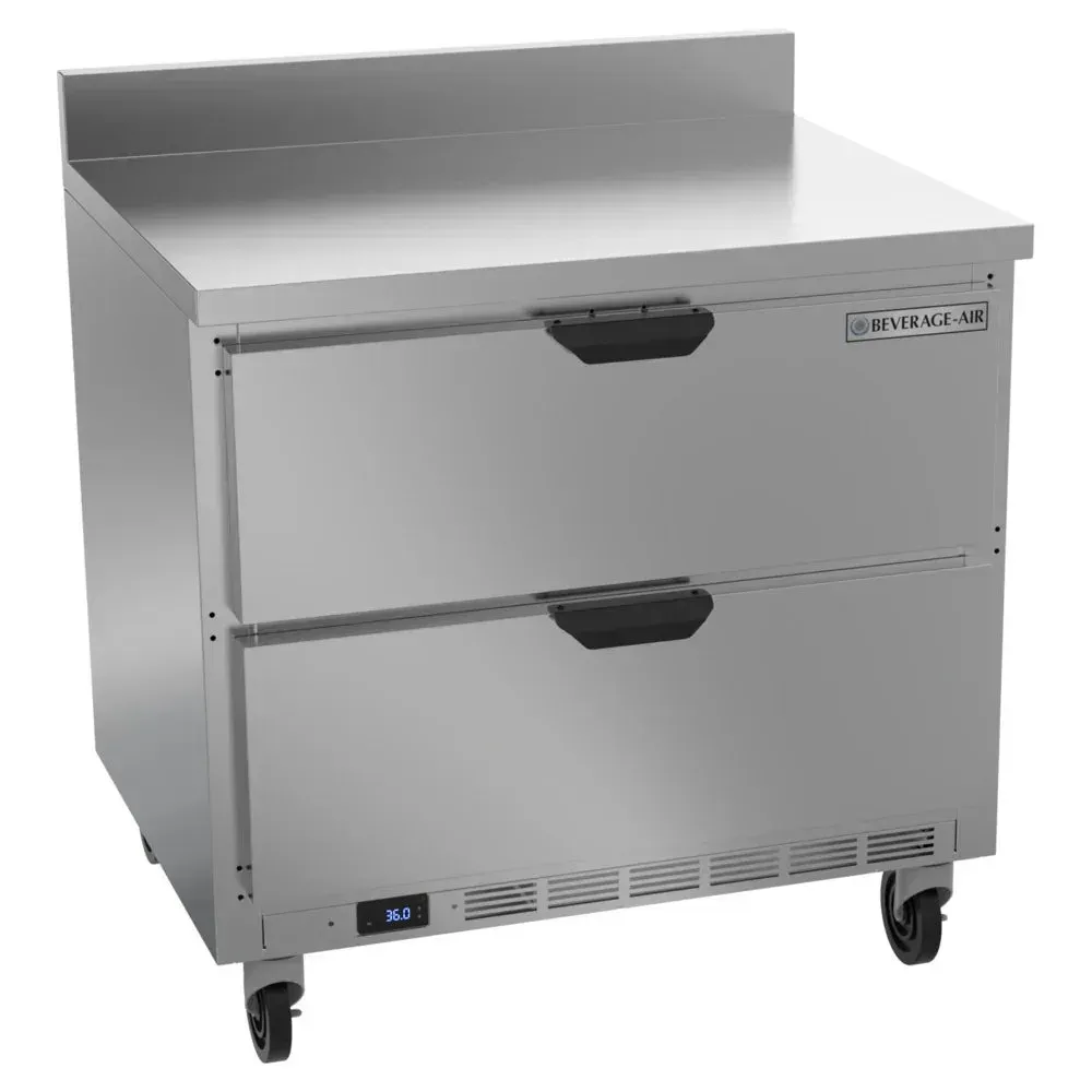 Beverage-Air stainless worktop refrigerator with two drawers and backsplash for restaurant prep, hotel back bars, or cafe sandwich station service.