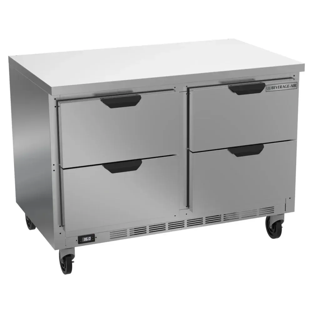 Four drawer stainless steel worktop refrigerator from Beverage-Air with flat top ensures dependable storage for fast-paced commercial kitchens.