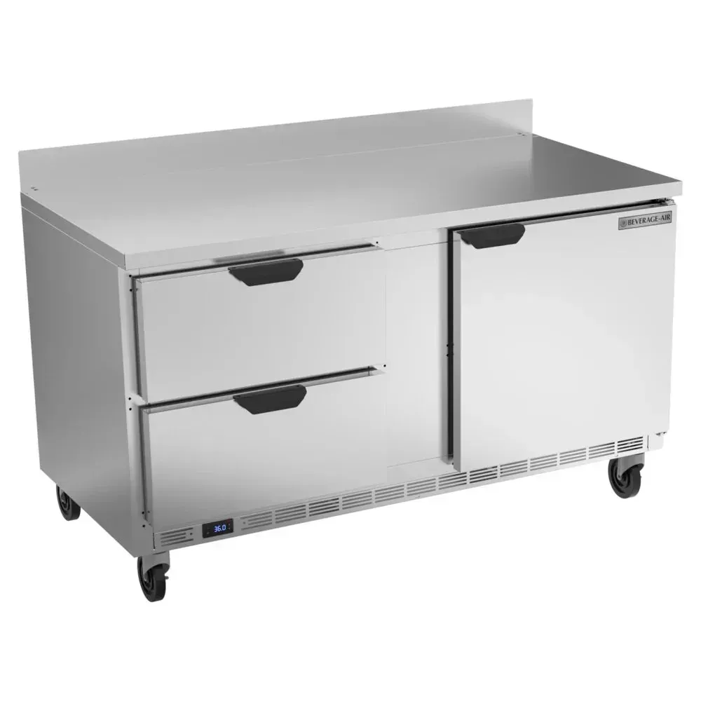 One door, two drawer compact stainless steel worktop refrigerator by Beverage-Air delivers efficient storage for cafes, bars, and restaurants.