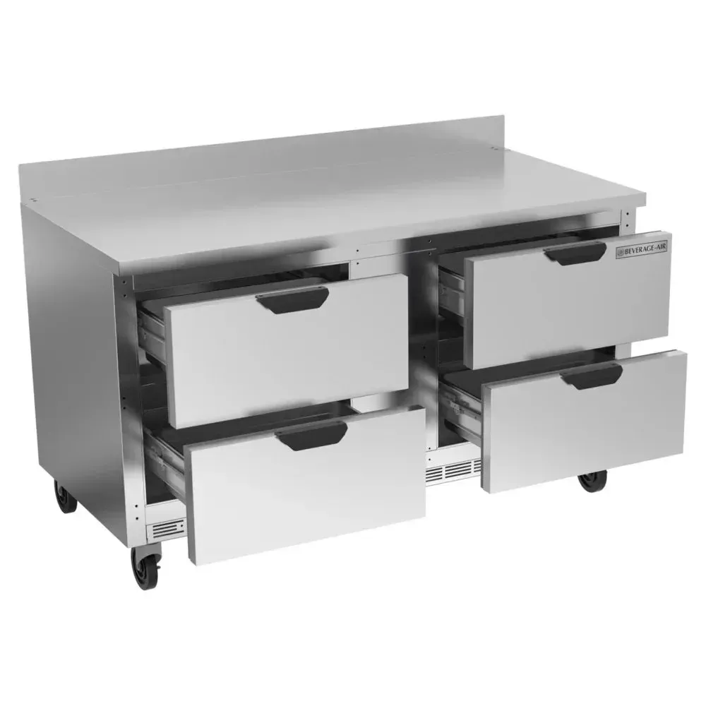 Four drawer compact stainless steel worktop refrigerator from Beverage-Air delivers space-saving cold storage for restaurants and catering.