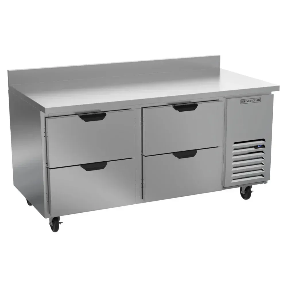 Four drawer stainless steel worktop refrigerator from Beverage-Air delivers durable, space-saving cold storage for commercial food preparation.