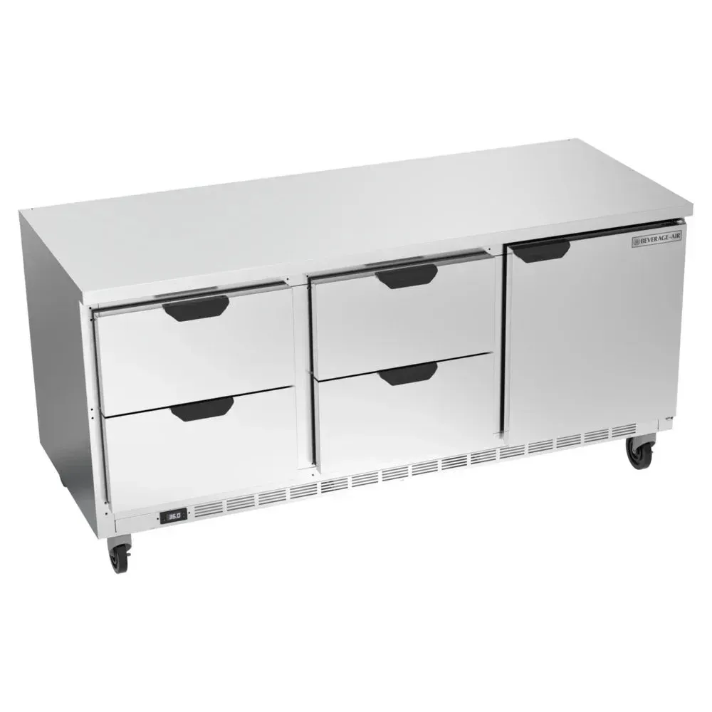 Four drawer, one door stainless steel worktop refrigerator from Beverage-Air with flat top offers durable, efficient storage for busy service.