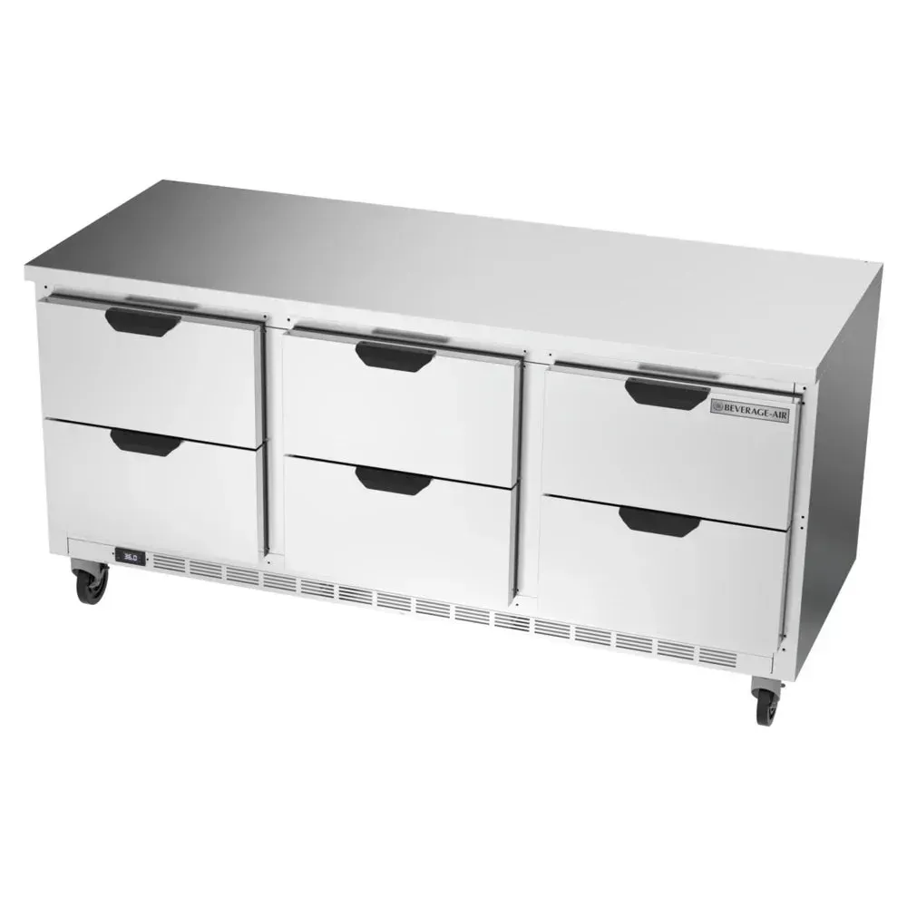 Six drawer stainless steel worktop refrigerator by Beverage-Air with flat top is durable, efficient, and ideal for restaurants, bars, and prep.