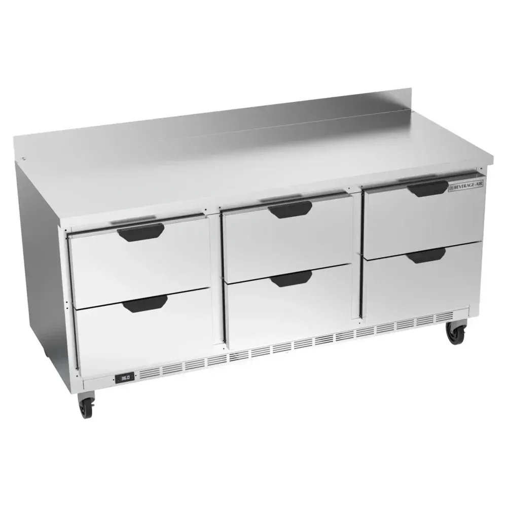 Compact six drawer stainless steel worktop refrigerator by Beverage-Air delivers efficient, space-saving cold storage for commercial kitchens.