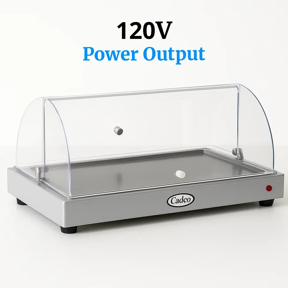 Cadco countertop warming shelf with roll-top lid, stainless steel build, easy to clean, ideal for commercial buffet or catering food displays.
