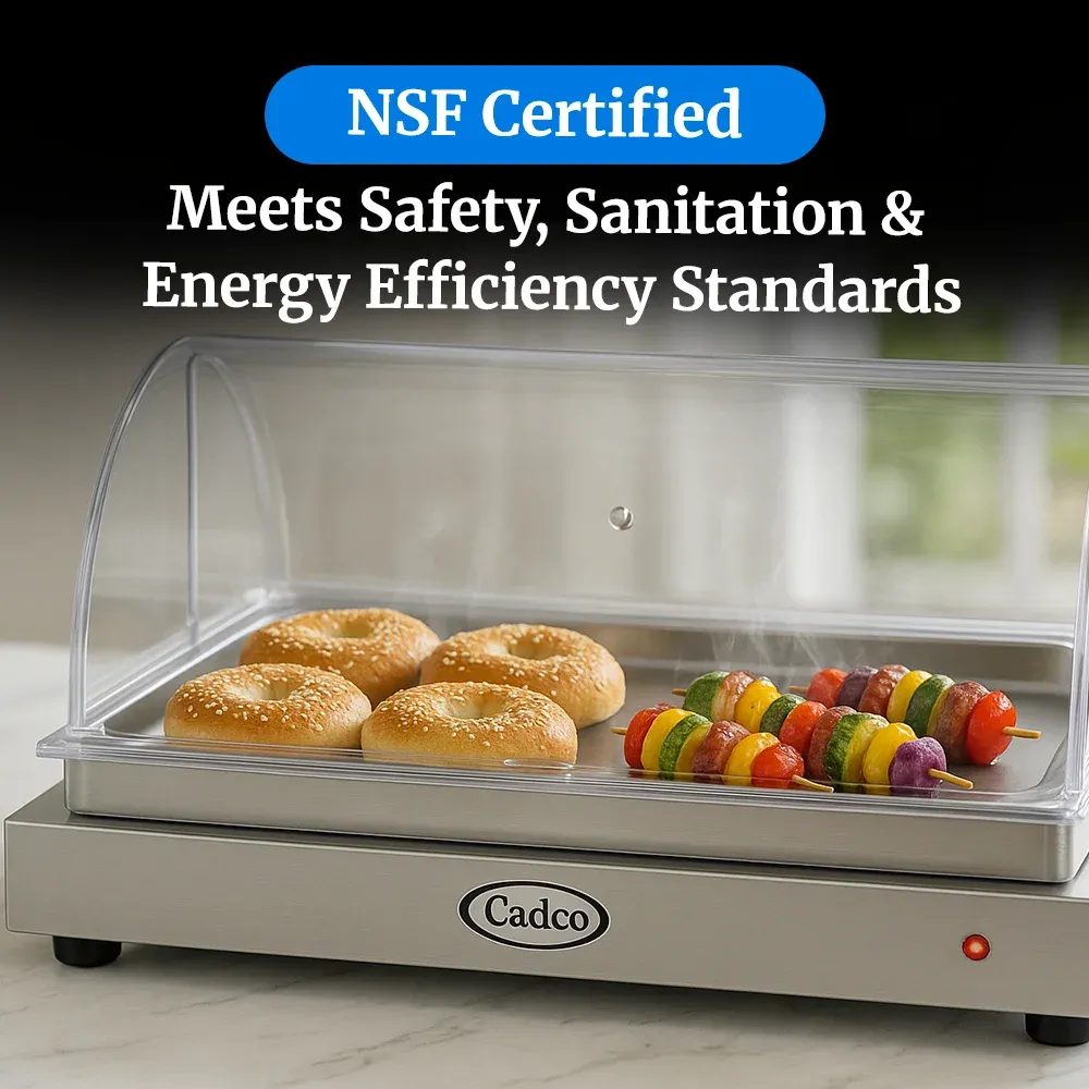 Cadco countertop warming shelf with roll-top lid, stainless steel build, easy to clean, ideal for commercial buffet or catering food displays.