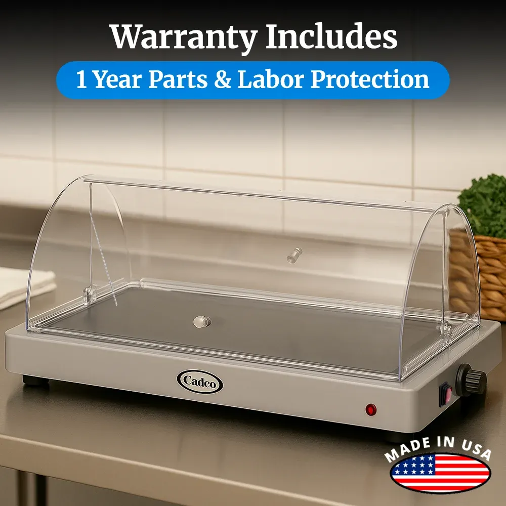 Cadco countertop warming shelf with roll-top lid, stainless steel build, easy to clean, ideal for commercial buffet or catering food displays.