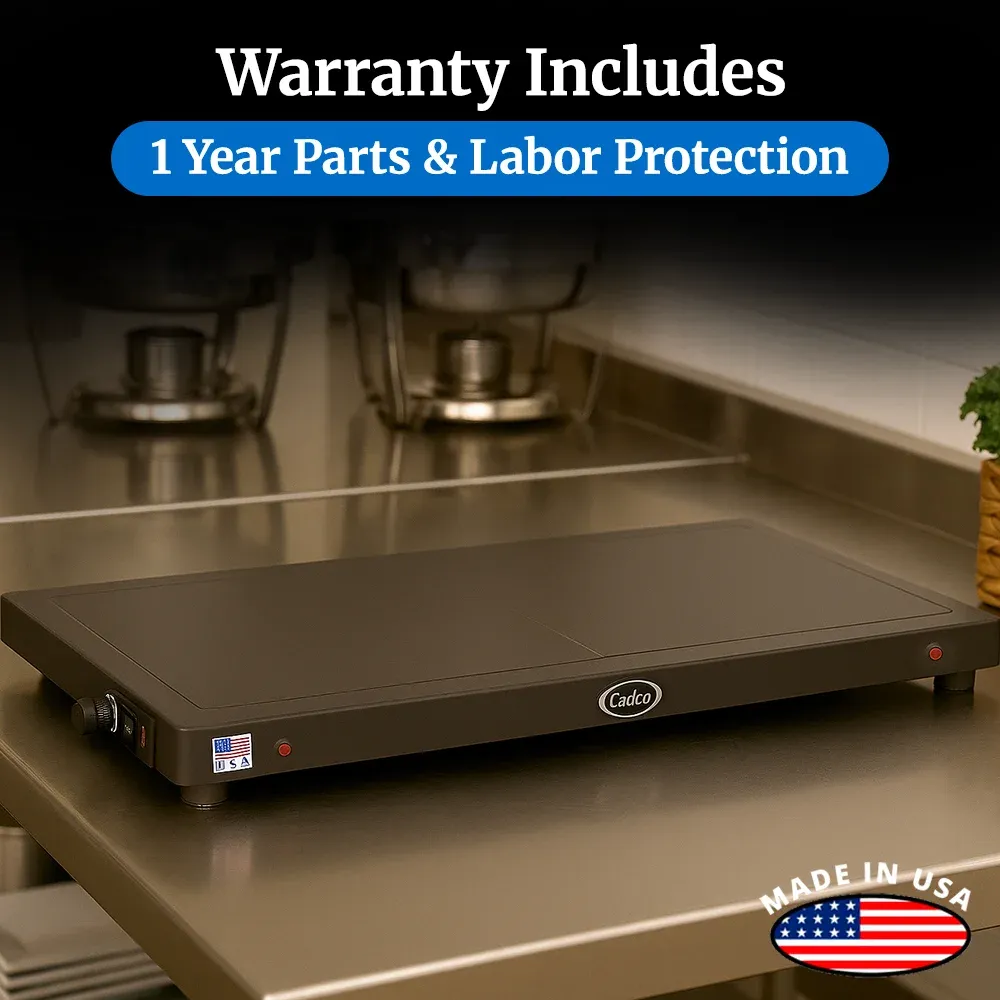 Cadco heavy-duty countertop warming shelf with roll-top lids, stainless steel body, adjustable thermostat, build for buffet or catering use.