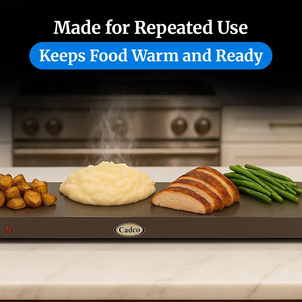 Cadco heavy-duty countertop warming shelf with roll-top lids, stainless steel body, adjustable thermostat, build for buffet or catering use.