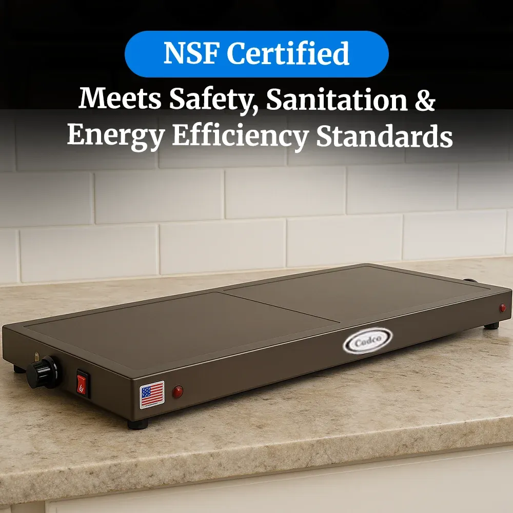 Cadco heavy-duty countertop warming shelf with roll-top lids, stainless steel body, adjustable thermostat, build for buffet or catering use.