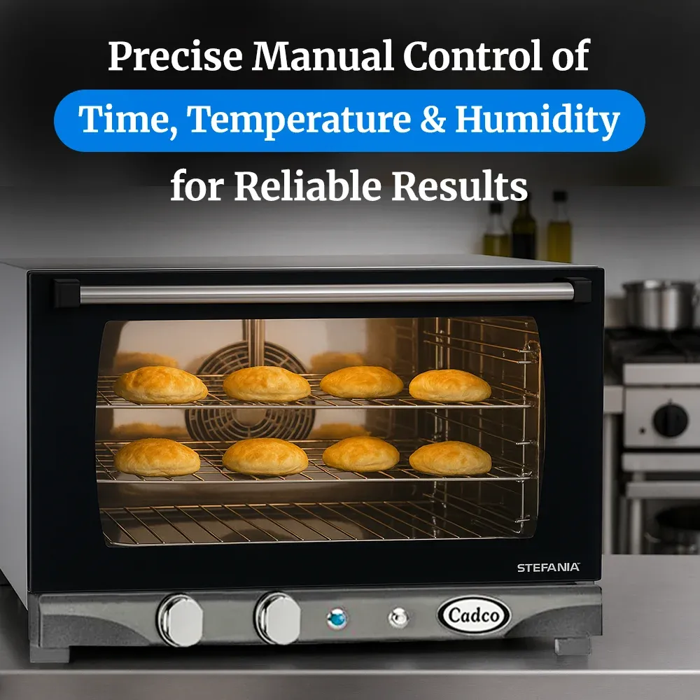 Cadco heavy-duty manual countertop convection oven with three half-size shelves, stainless body, compact, durable, and designed for catering service.