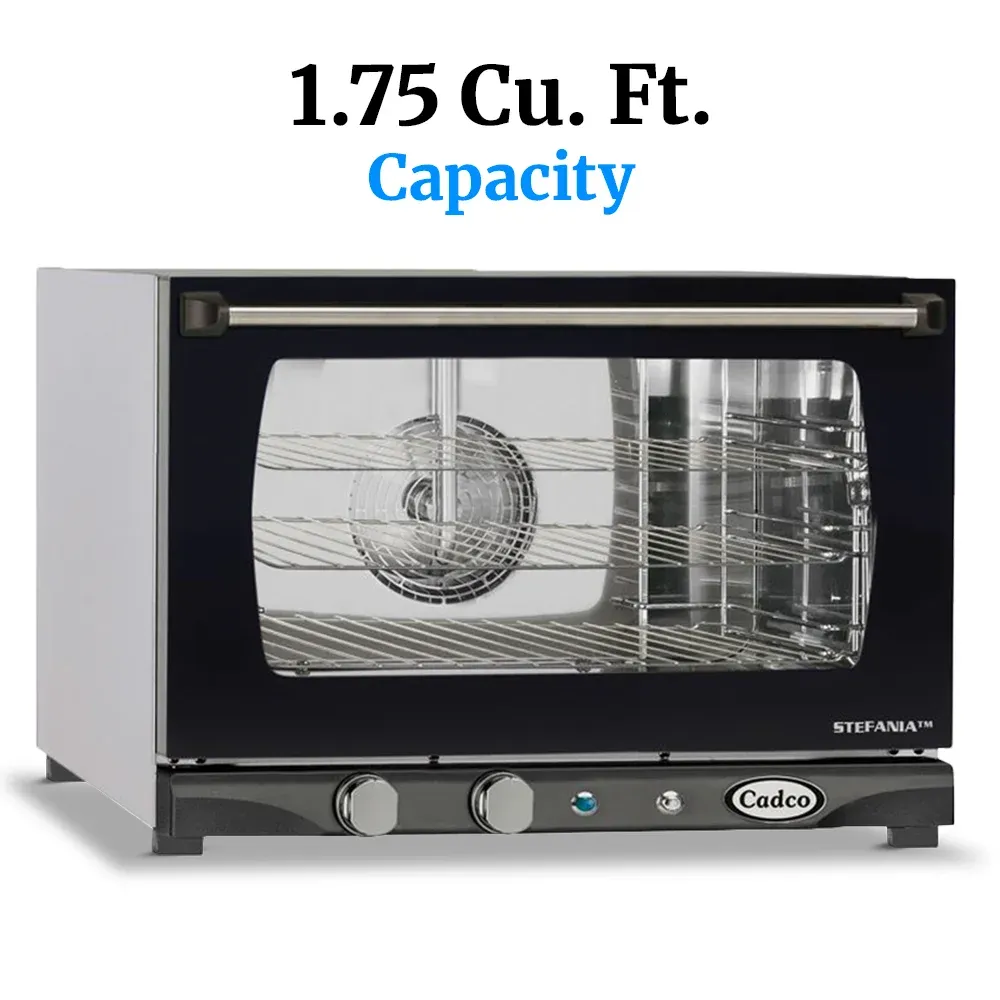 Cadco heavy-duty manual countertop convection oven with three half-size shelves, stainless body, compact, durable, and designed for catering service.