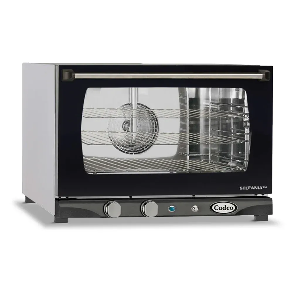 Cadco heavy-duty manual countertop convection oven with three half-size shelves, stainless body, compact, durable, and designed for catering service.