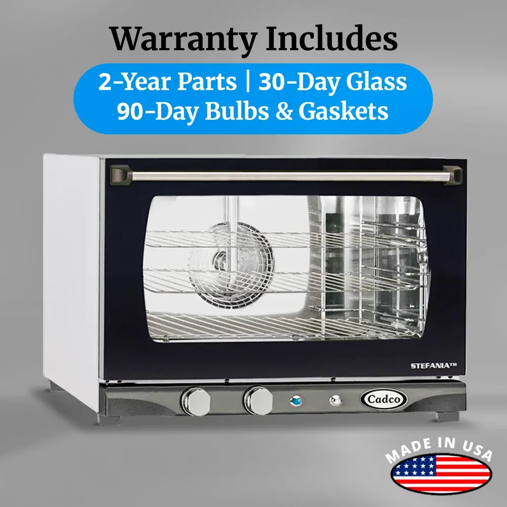 Cadco four-shelf half-size manual convection oven, stainless steel heavy-duty countertop commercial kitchen durable compact catering.
