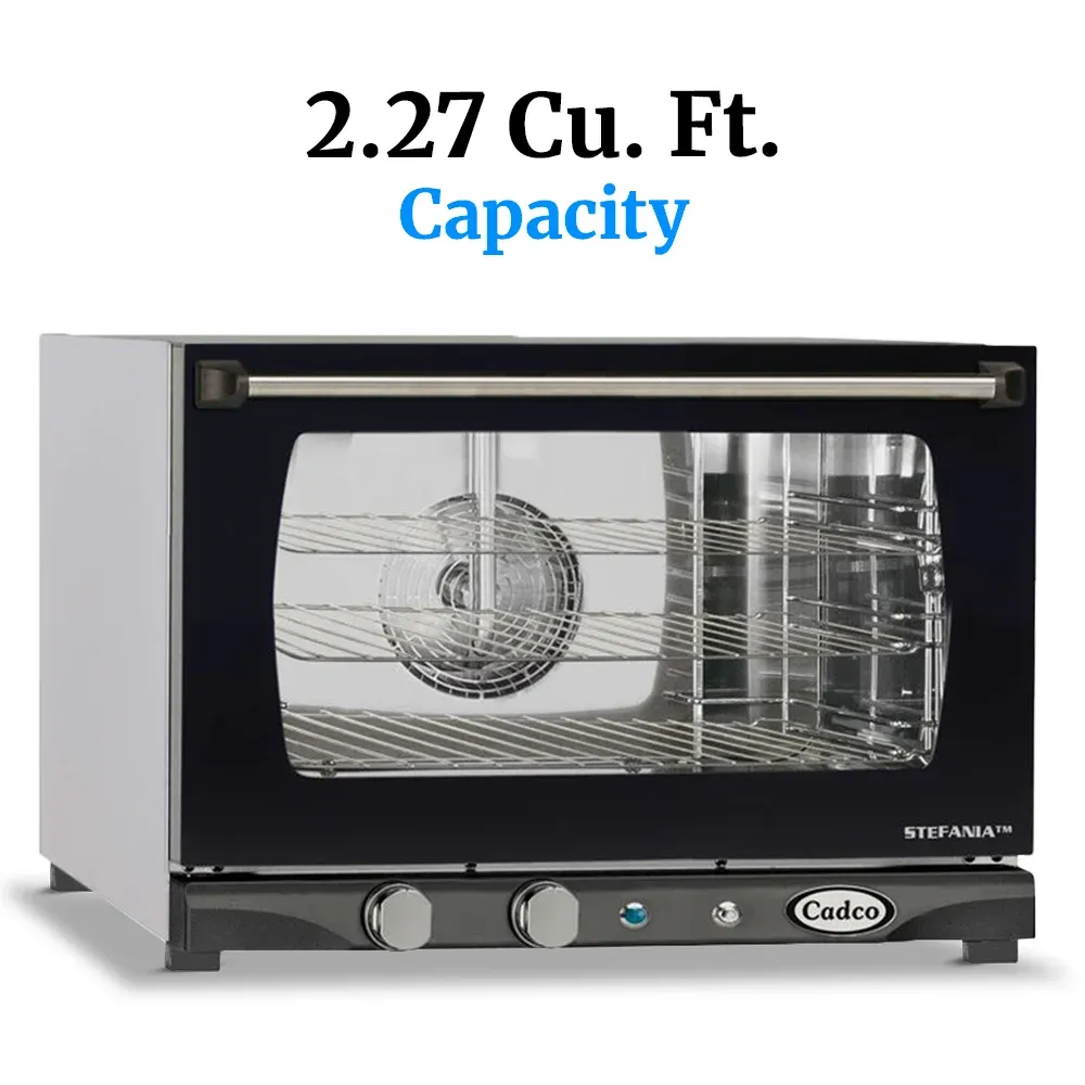 Cadco four-shelf half-size manual convection oven, stainless steel heavy-duty countertop commercial kitchen durable compact catering.