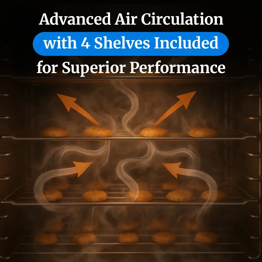 Cadco four-shelf half-size manual convection oven, stainless steel heavy-duty countertop commercial kitchen durable compact catering.