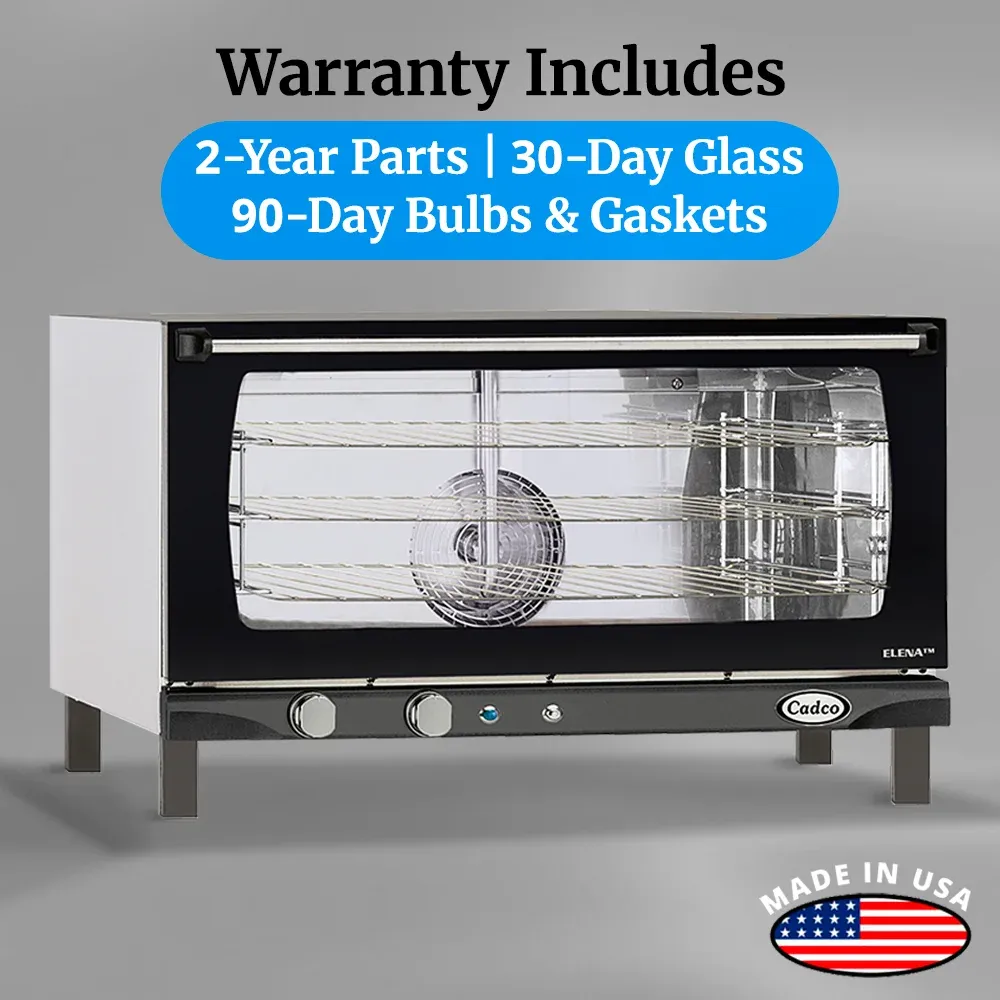 Cadco heavy-duty manual countertop convection oven with three full-size shelves, stainless steel finish, durable, compact, and easy to clean.