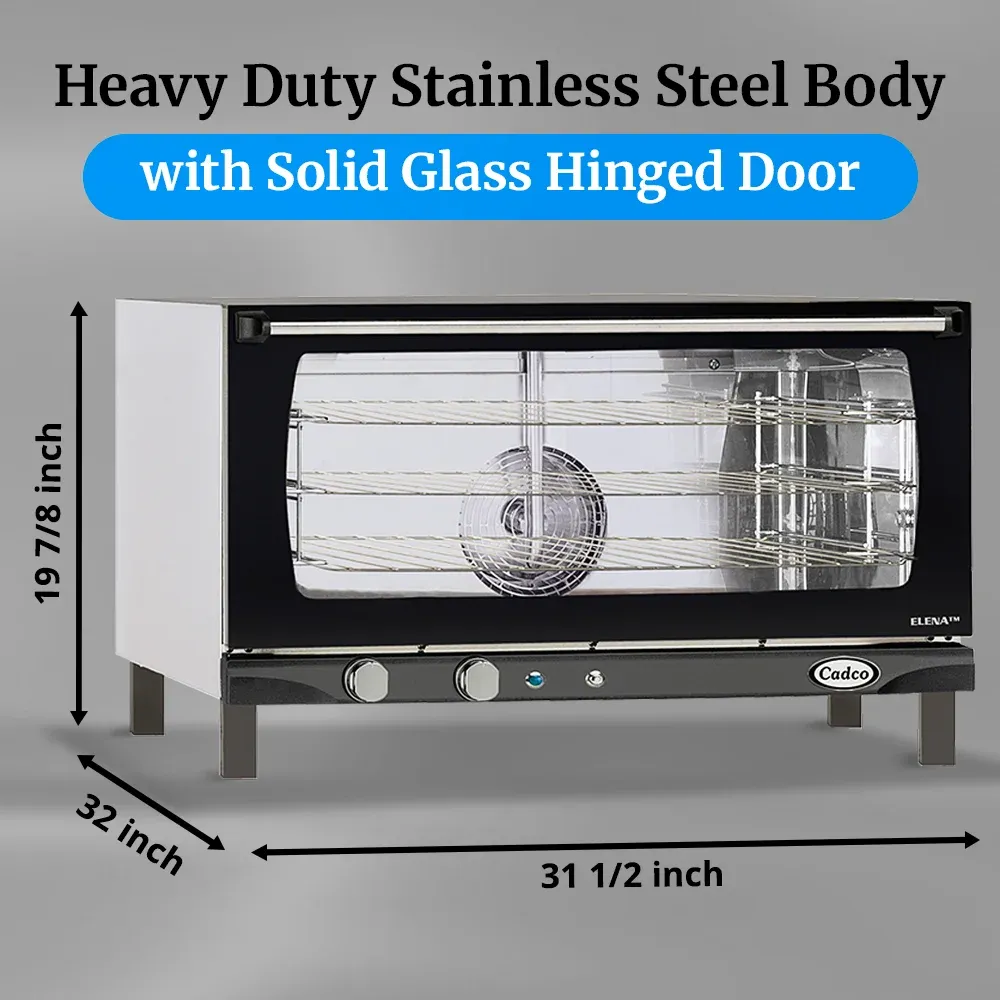 Cadco heavy-duty manual countertop convection oven with three full-size shelves, stainless steel finish, durable, compact, and easy to clean.