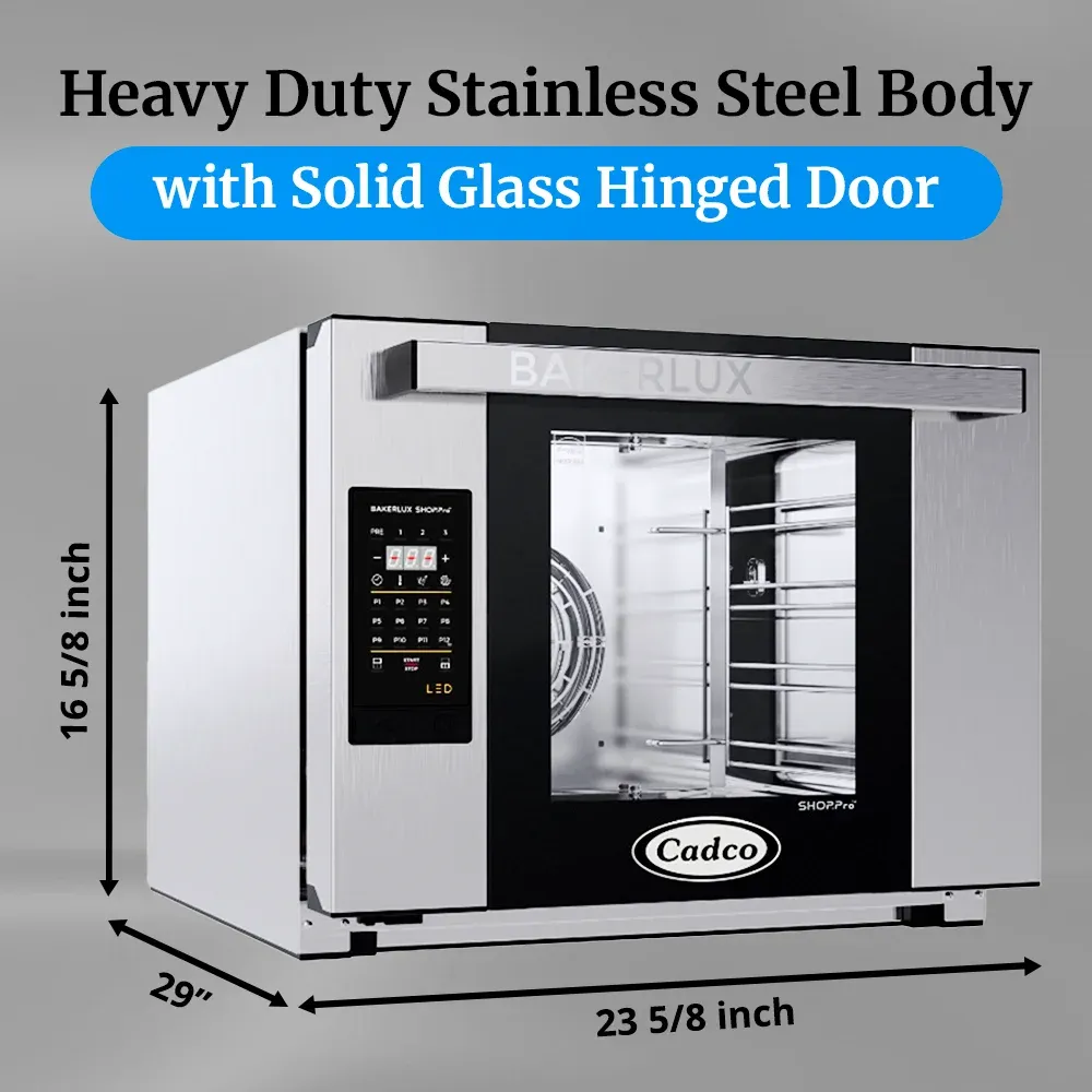 Cadco half-size digital convection oven with shelves and GO control panel in stainless steel offers accurate baking and roasting for small batches.