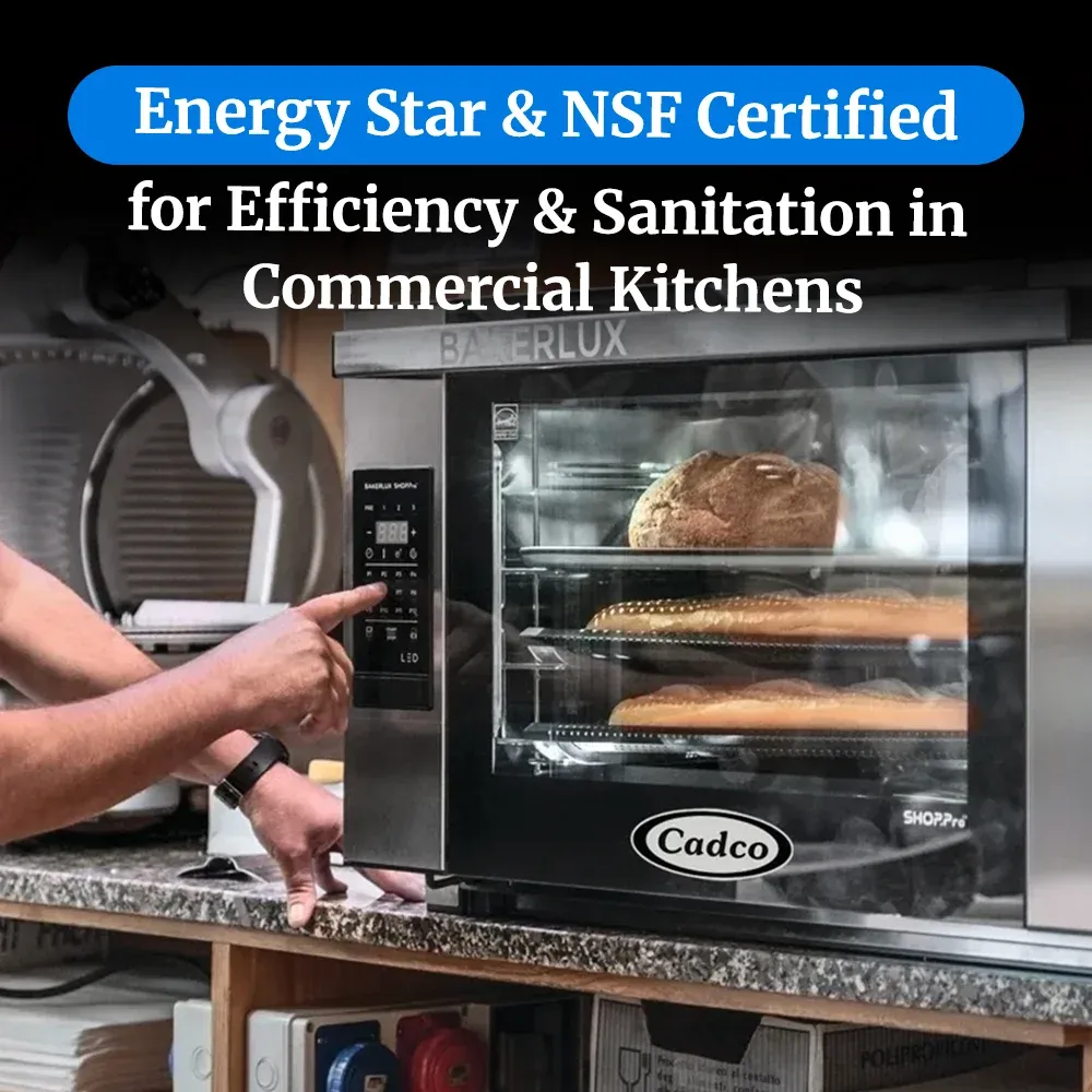 Cadco half-size digital convection oven with shelves and GO control panel in stainless steel offers accurate baking and roasting for small batches.