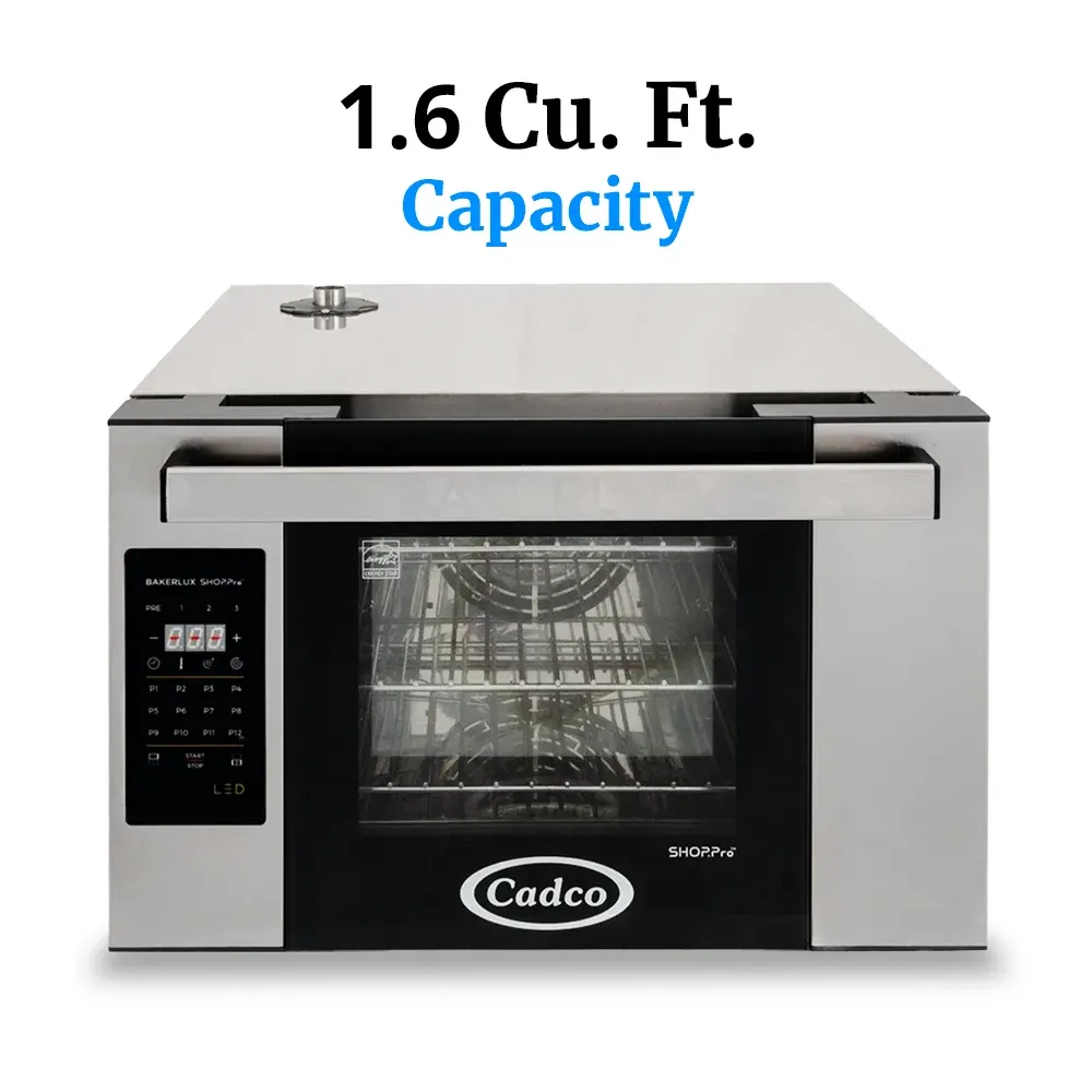 Cadco half-size digital convection oven with shelves and GO control panel in stainless steel offers accurate baking and roasting for small batches.